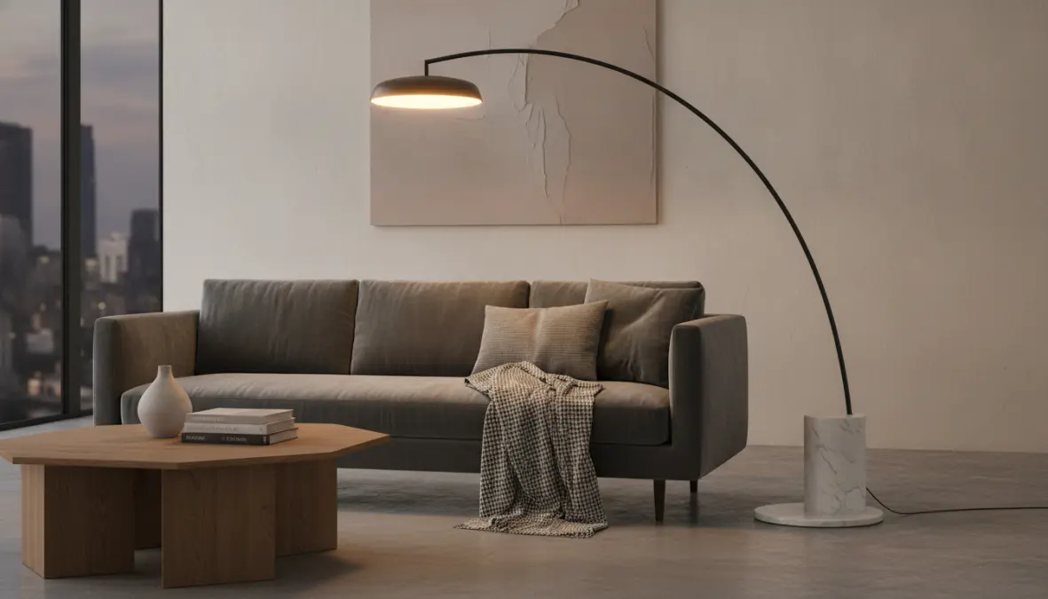 Lampada da terra ad arco moderna con braccio orientabile e base in marmo per soggiorno