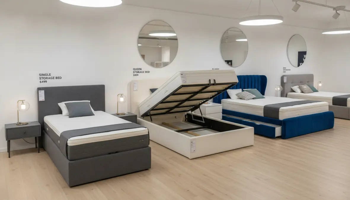 Diverse tipologie di letti contenitore in esposizione: letto singolo, matrimoniale e una piazza e mezza