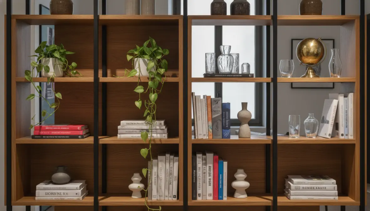 Dettaglio di libreria passante bifacciale con vani aperti che permettono il passaggio della luce