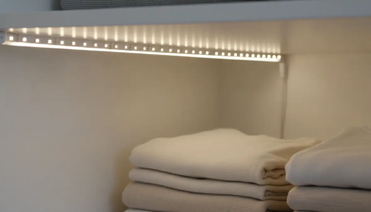 Strisce LED per armadio installate sotto mensola con illuminazione uniforme