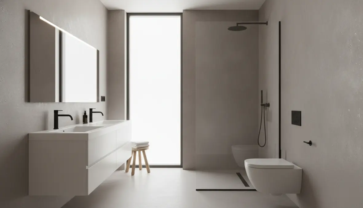 Bagno moderno con pavimento e pareti in microtopping impermeabile effetto cemento