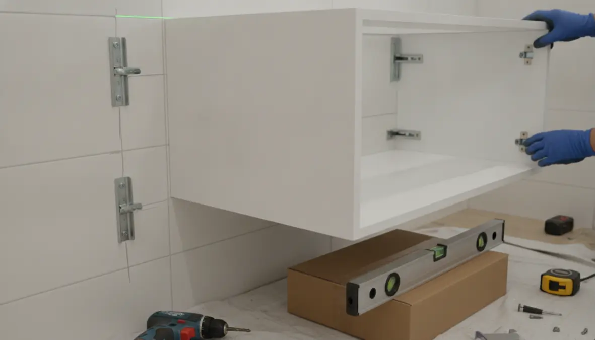 Installazione mobile bagno sospeso con sistema di fissaggio a parete