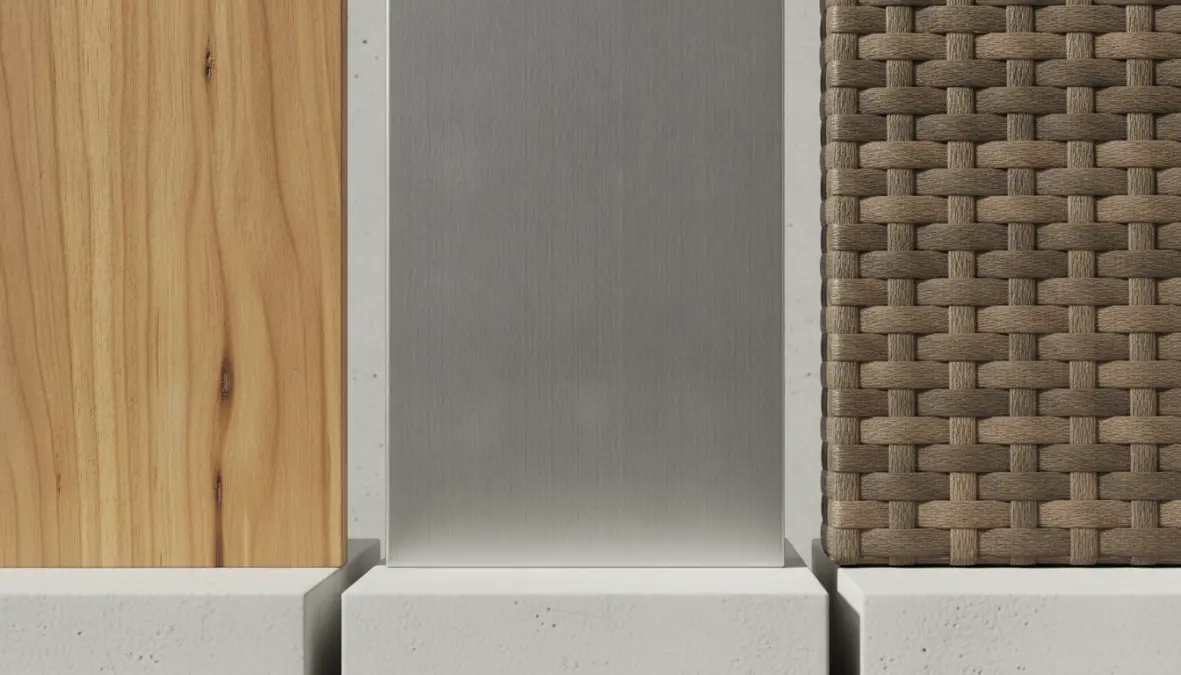 Dettaglio ravvicinato di materiali outdoor durevoli: teak, alluminio e rattan sintetico