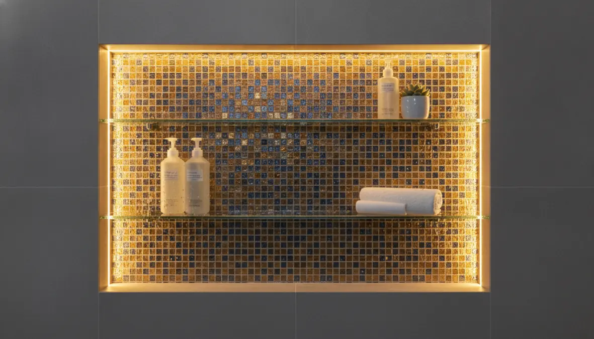 Nicchia doccia con illuminazione LED perimetrale e rivestimento in mosaico con mensole illuminate