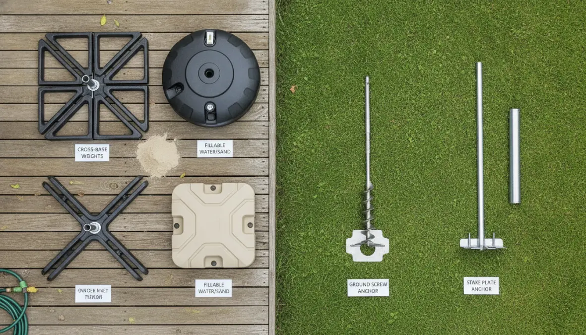 Diversi sistemi di ancoraggio e basi per ombrellone da giardino con zavorre e supporti