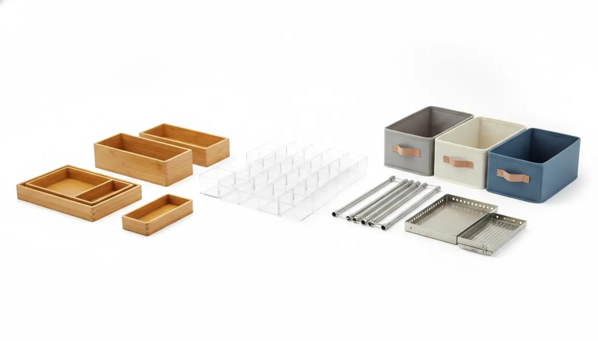 Diverse tipologie di divisori per cassetti in plastica, legno, tessuto e metallo