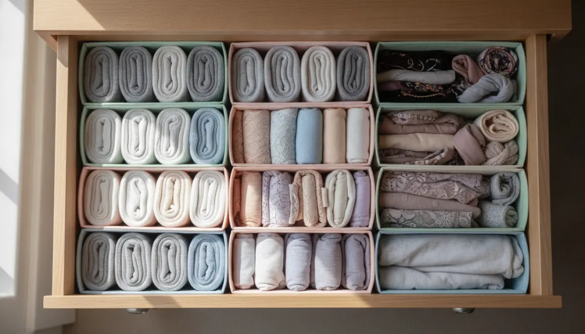 Organizer cassetti camera da letto con biancheria piegata secondo metodo Marie Kondo