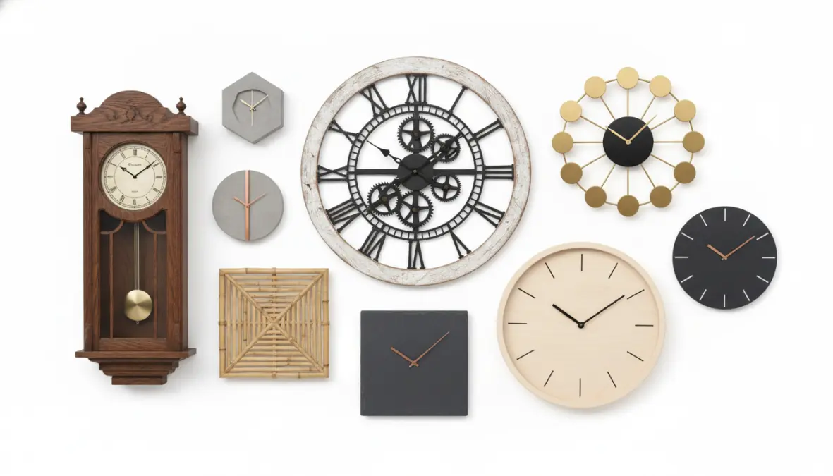 Collezione di orologi da parete in diversi stili: vintage, moderni, design e grandi dimensioni