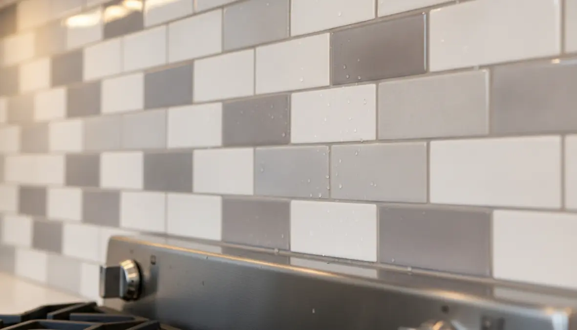 Dettaglio piastrelle paraschizzi cucina in ceramica bianca e grigia