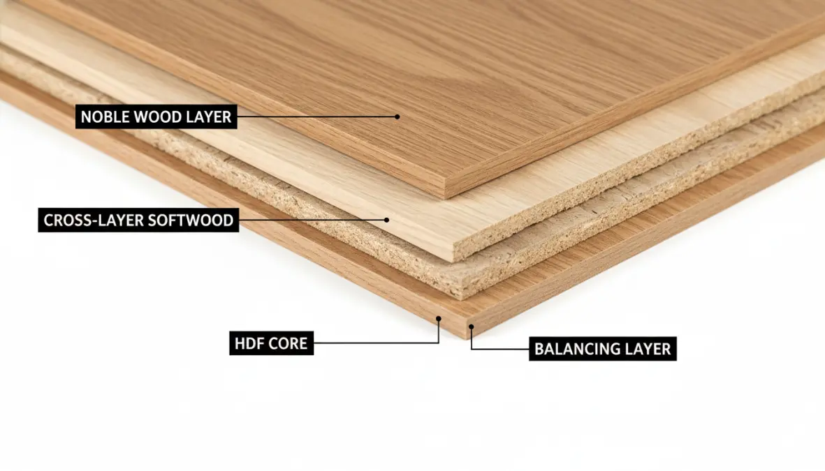 Struttura multistrato del parquet prefinito con strato nobile e supporto