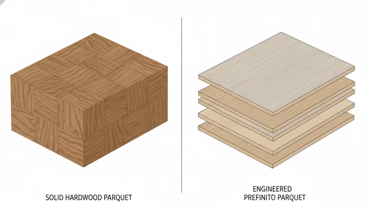 Sezione comparativa struttura parquet massello e parquet prefinito multistrato