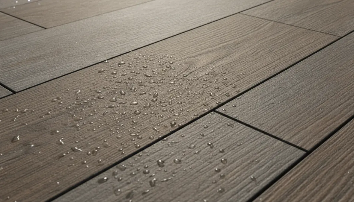 Dettaglio di piastrelle in gres porcellanato antisdrucciolo per pavimenti esterni con effetto legno
