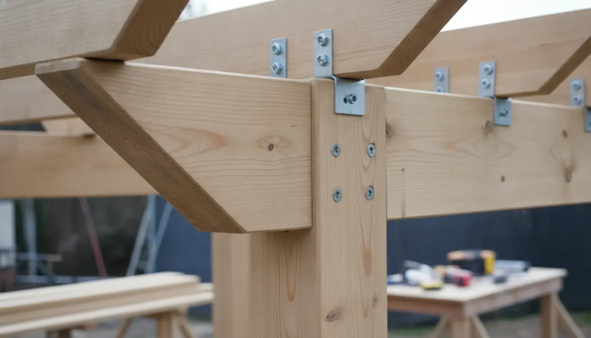 Dettaglio costruzione pergola in legno con travi e ferramenta per assemblaggio fai da te