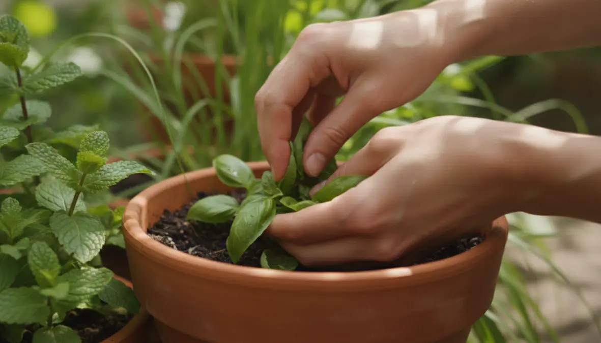 Mani che sfregano foglie di basilico antizanzare per rilasciare oli essenziali repellenti
