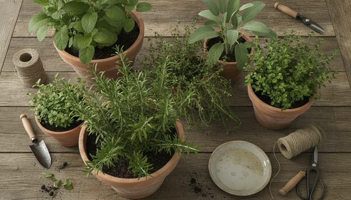 Aromatiche perenni come rosmarino, timo e salvia in vasi di terracotta pronti per la coltivazione