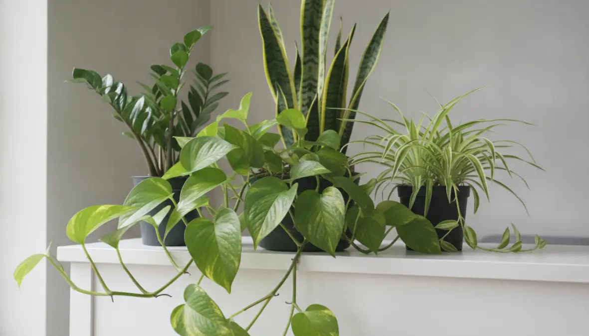 Collezione di piante da interno resistenti per principianti: pothos, sansevieria, zamioculcas e clorofito