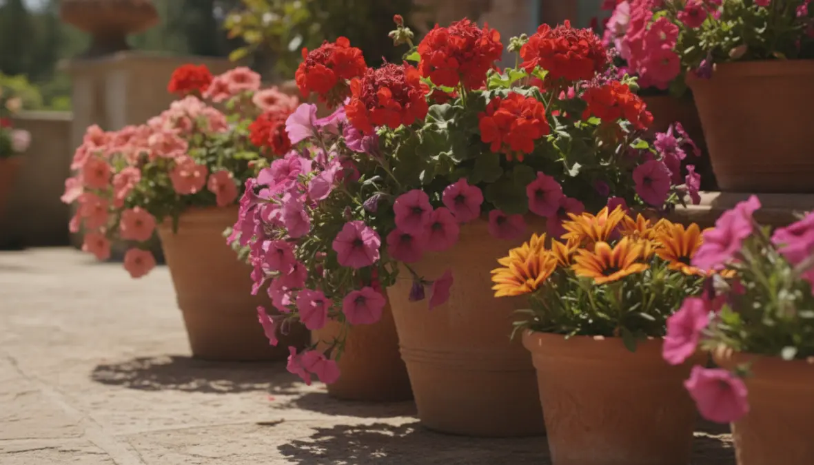 Fiori da balcone pieno sole: gerani, surfinia e gazania in fioritura rigogliosa