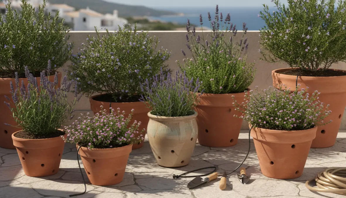 Vasi da esterno con terriccio drenante per piante da balcone resistenti al sole e sistema di irrigazione estiva