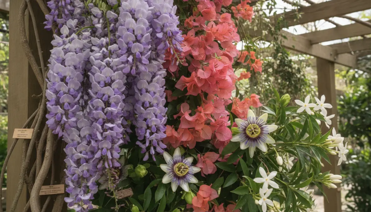 Varietà di piante rampicanti fiorite per pergolato: glicine, bougainvillea, passiflora e gelsomino