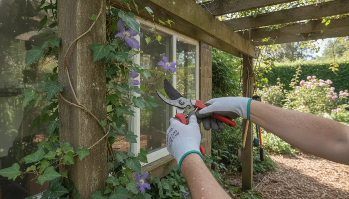 Manutenzione e potatura di piante rampicanti su pergolato in giardino