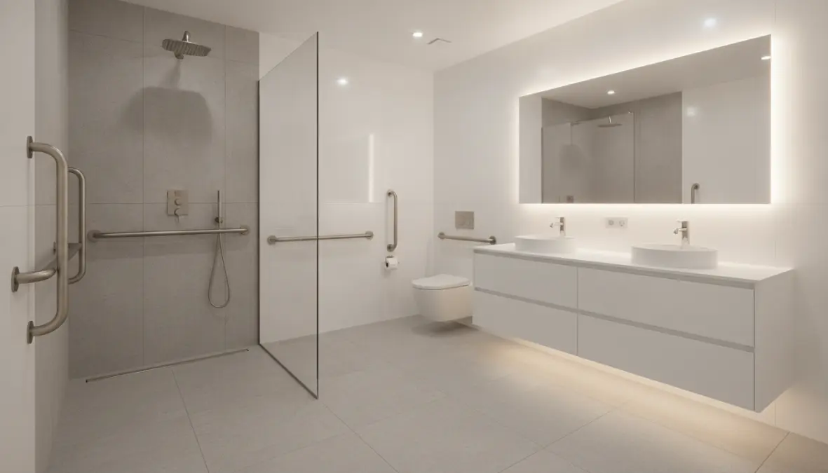 Bagno accessibile con piatto doccia a filo pavimento senza barriere architettoniche
