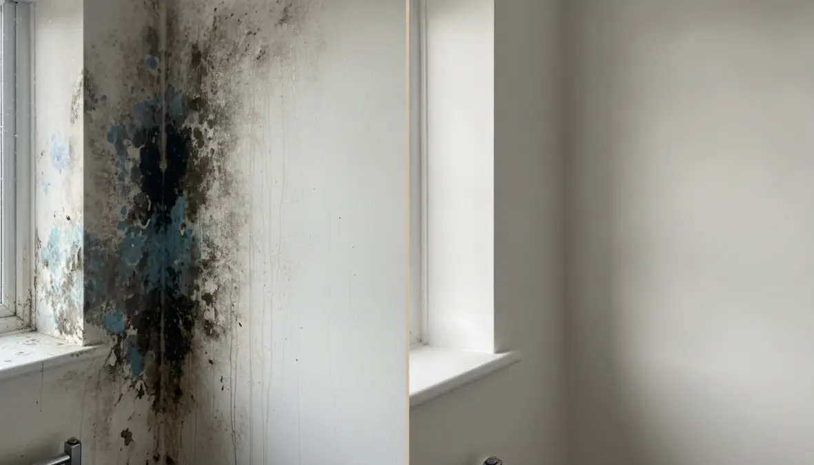 Confronto tra parete con condensa e muffa e parete trattata con pittura anticondensa termica
