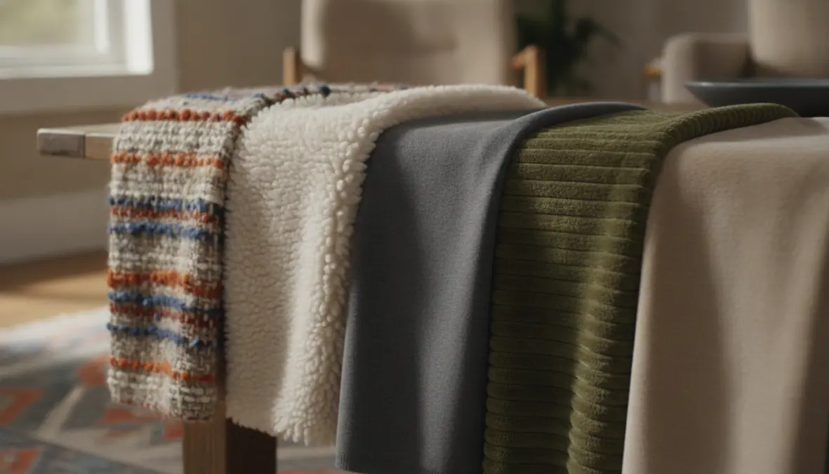 Dettaglio tessuti per plaid divano: lana merino, pile sherpa, cashmere e ciniglia