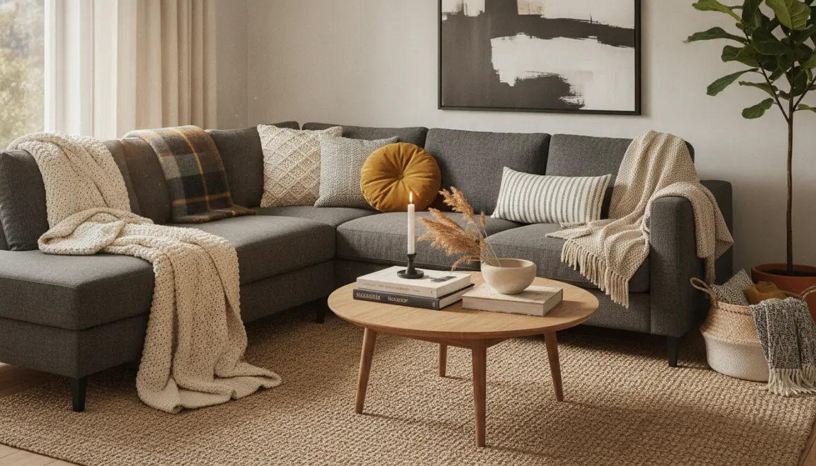 Abbinamento plaid e coperte decorative in salotto moderno con tonalità neutre