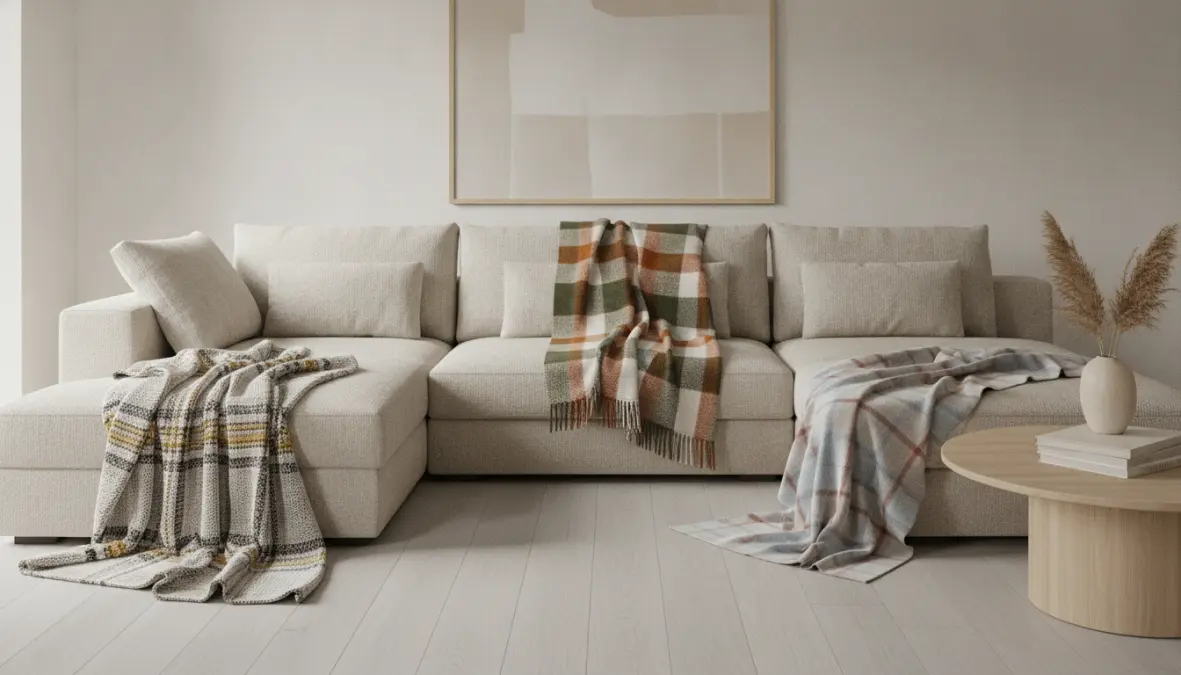 Diverse tecniche per disporre plaid decorativi sul divano in stile moderno