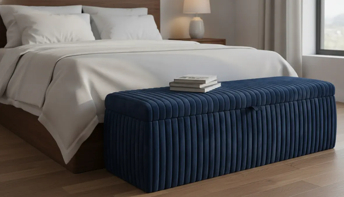 Pouf contenitore camera da letto in velluto elegante posizionato ai piedi del letto