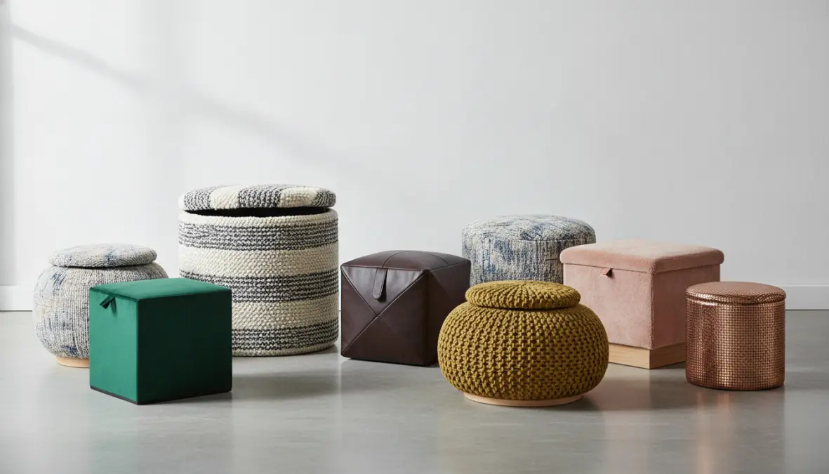 Diversi modelli di pouf contenitore in vari materiali, design e dimensioni per ogni stile d'arredo