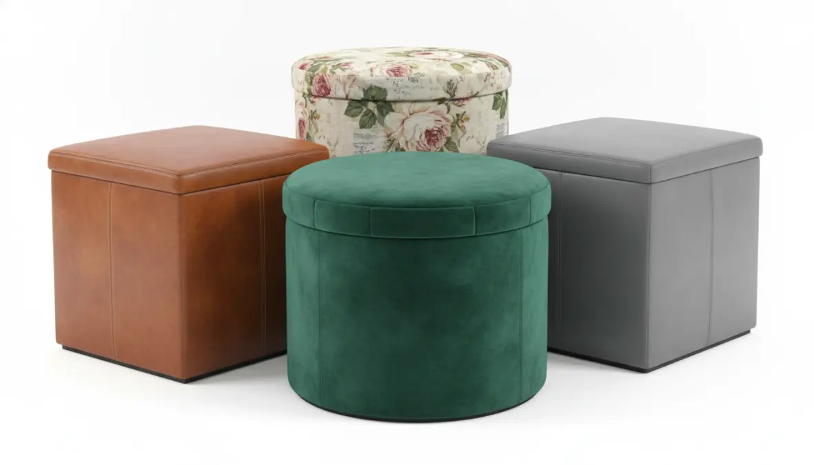 Diverse tipologie di pouf contenitore in vari stili e materiali