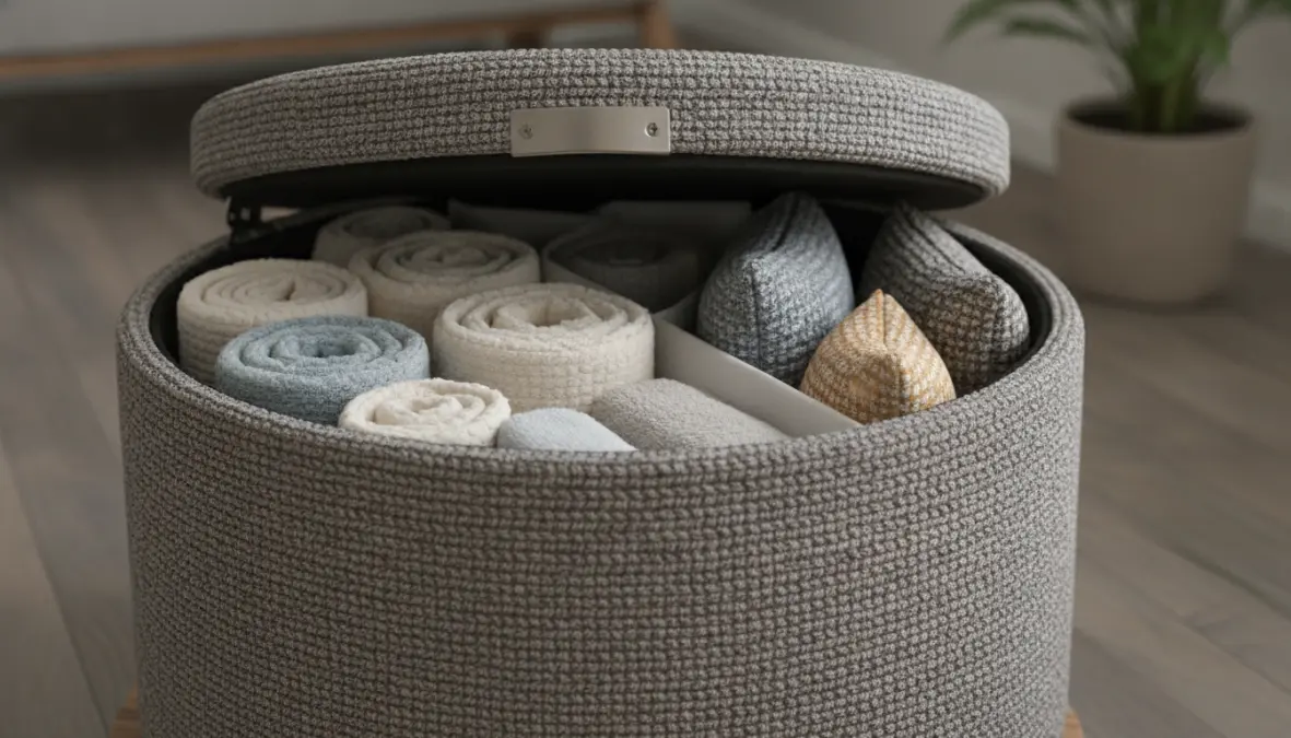 Pouf contenitore aperto che mostra il vano interno con coperte e cuscini