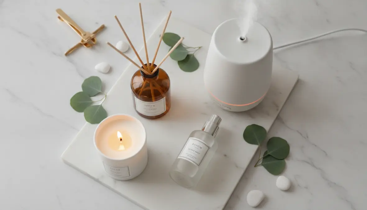 Diverse tipologie di profumatori per ambienti: diffusori a bastoncini, diffusore elettrico, candela profumata e spray