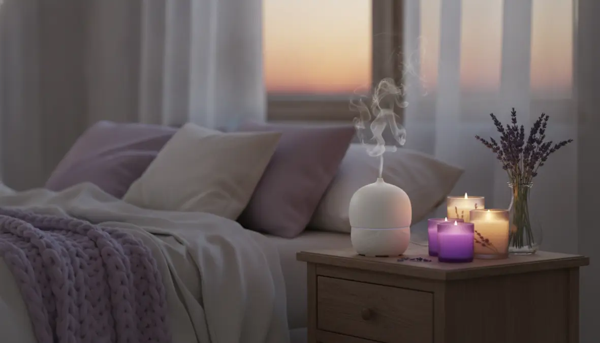 Camera da letto rilassante con diffusore di oli essenziali alla lavanda e candele profumate per creare atmosfera