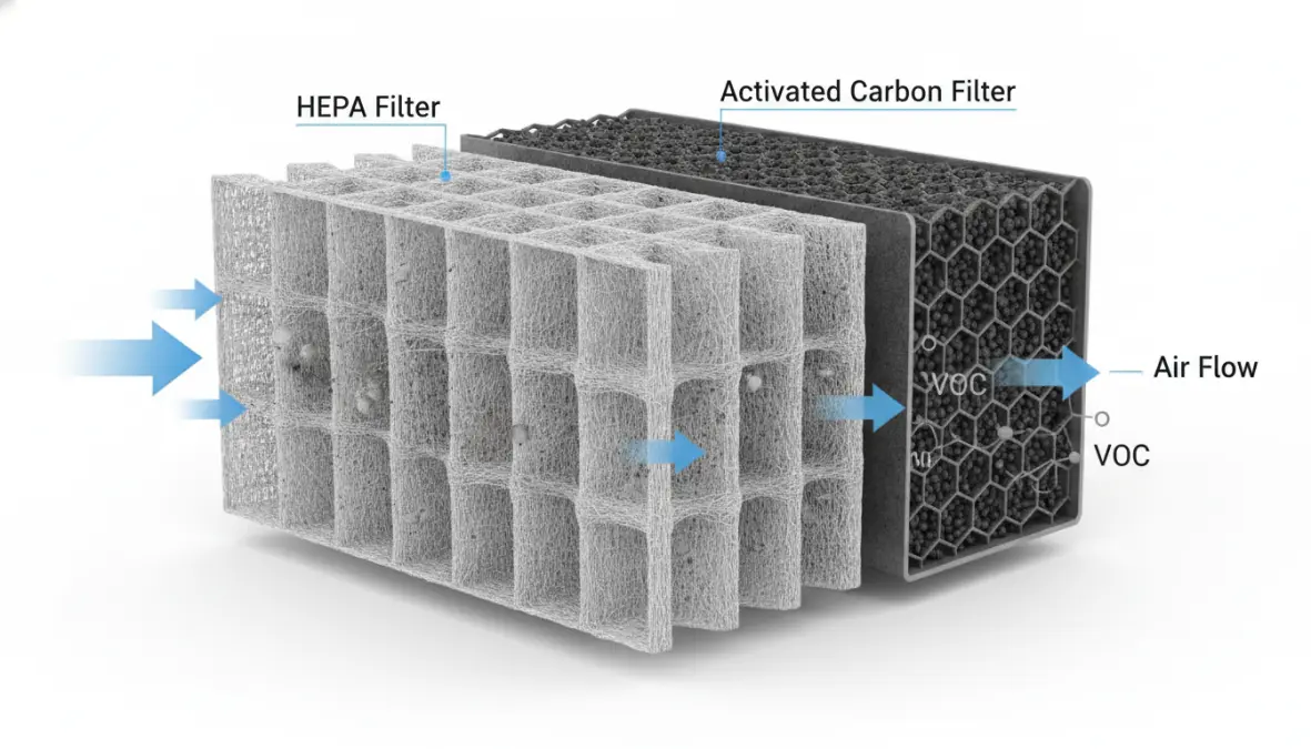 Schema filtri purificatore aria con filtro HEPA e carboni attivi in dettaglio