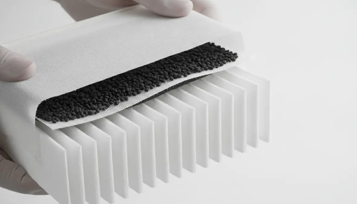 Dettaglio filtro HEPA multistrato per purificatore aria con carbone attivo