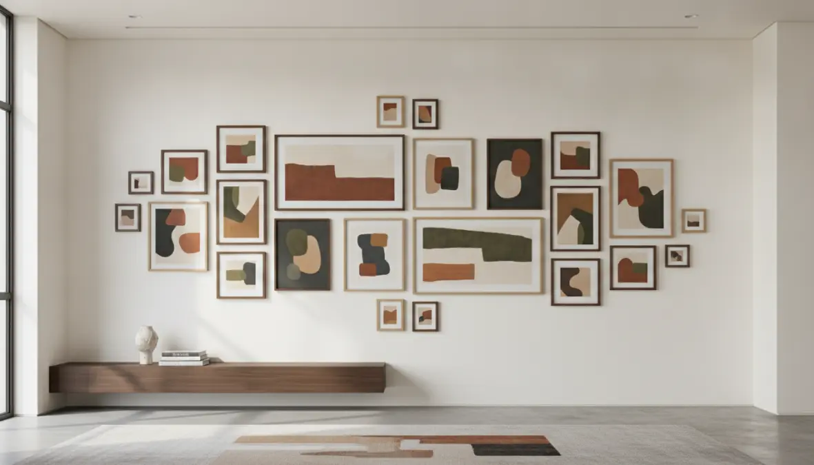 Composizione gallery wall con quadri moderni di diverse dimensioni e stili coordinati