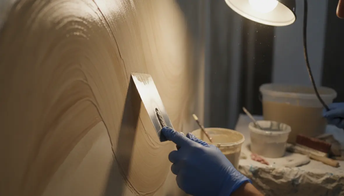 Applicazione di resina decorativa su parete con spatola veneziana