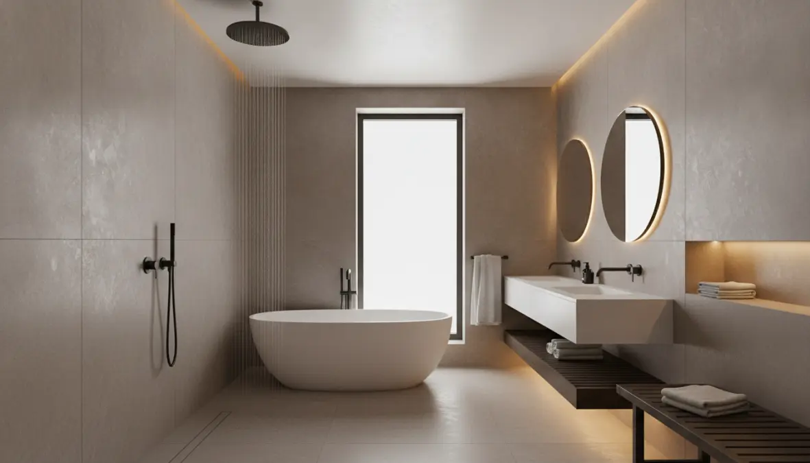 Bagno moderno con pareti in resina effetto pietra impermeabile