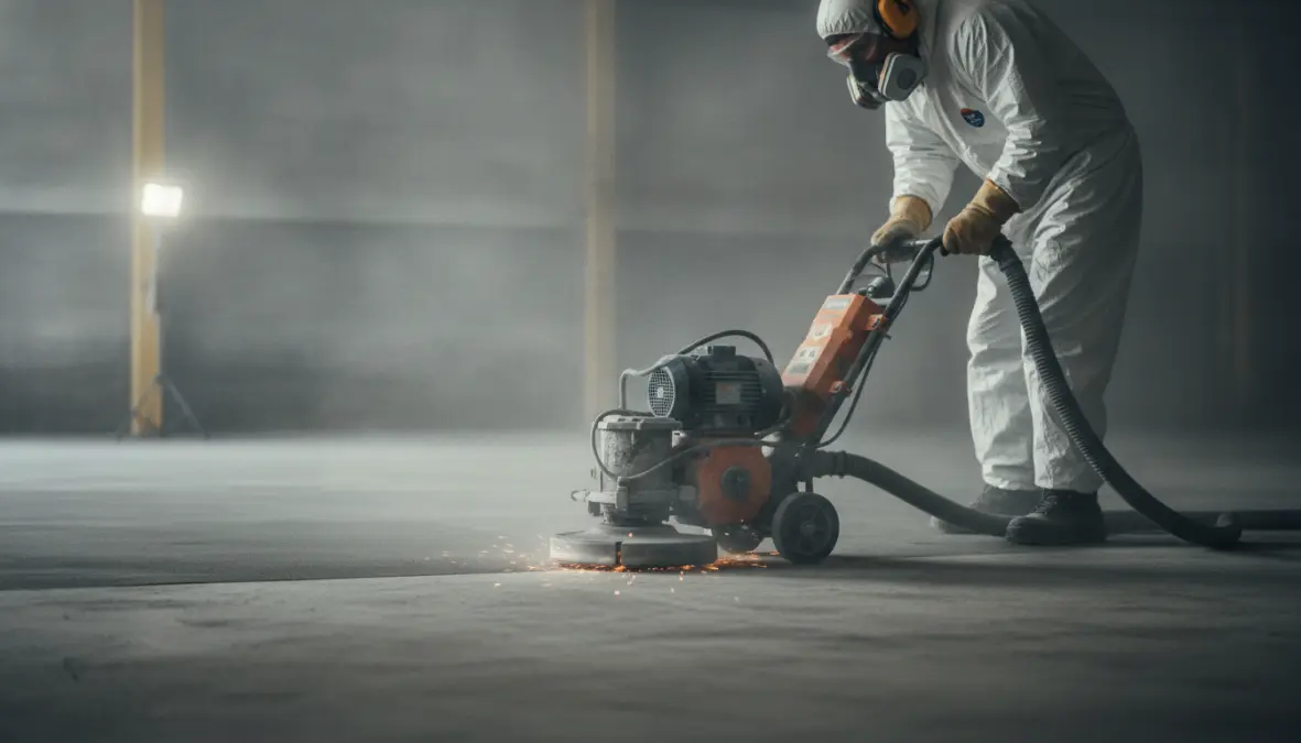 Applicazione resina autolivellante su pavimento con spatola dentata durante lavoro fai da te