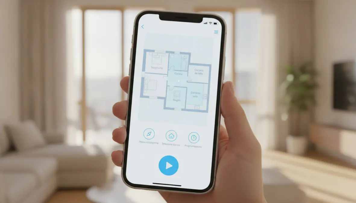 App smartphone per controllo robot aspirapolvere intelligente con mappatura casa e programmazione