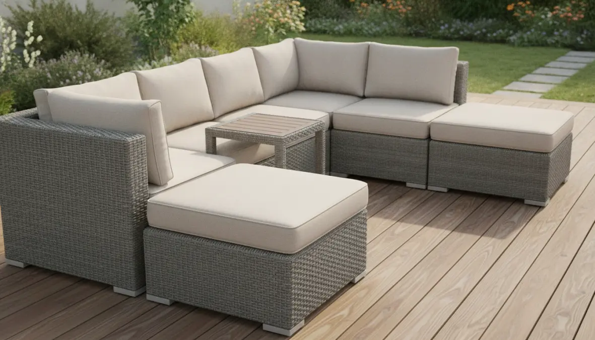 Composizione modulare di mobili da giardino su terrazzo con elementi componibili