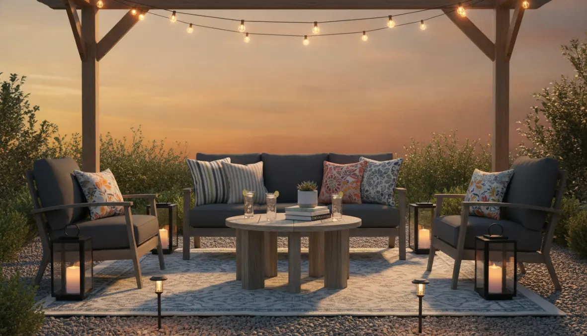 Accessori per salotto outdoor con cuscini impermeabili, illuminazione e tavolino da caffè