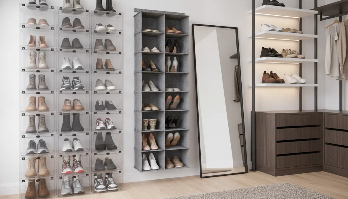 Organizzatori scarpe alternativi con contenitori trasparenti e soluzioni creative salvaspazio