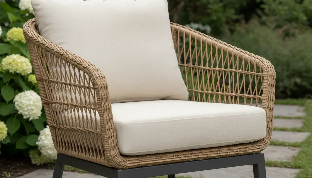 Poltrona da giardino in rattan sintetico con cuscini outdoor resistenti alle intemperie