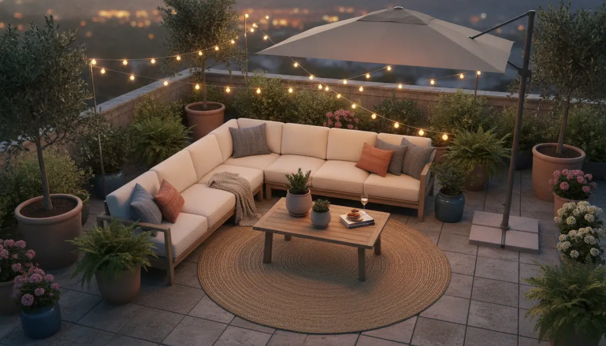 Zona relax outdoor con lounge completo per terrazzo con divani, tavolino e accessori decorativi