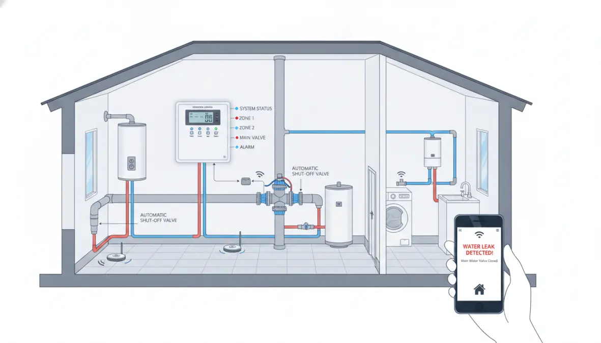 Schema completo di un sistema antiallagamento domestico con sensori wireless, elettrovalvola e centralina di controllo
