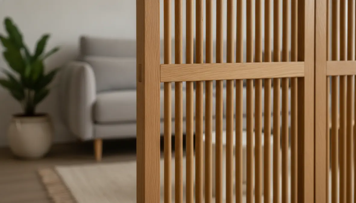 Divisori in legno naturale con dettaglio delle texture per separazione ambienti