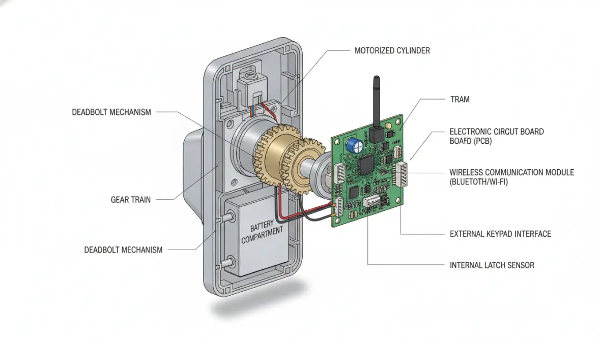 Schema tecnico componenti interni serratura elettronica smart con cilindro motorizzato e modulo wireless